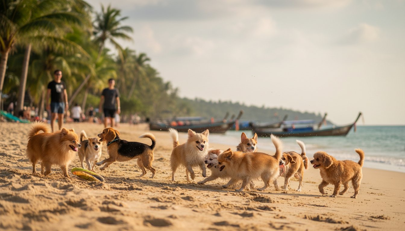A group of small dogs playing together at a community meetup