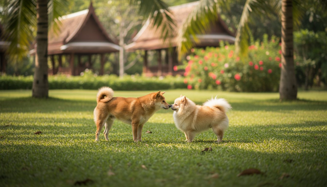 Two small dogs greeting each other on a shaded lawn