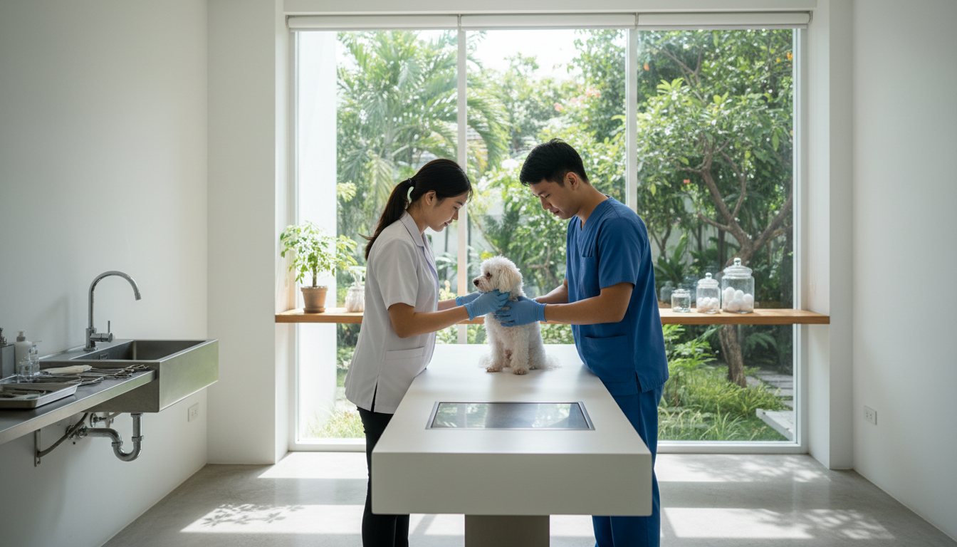 A clean modern veterinary examination room in Bangkok