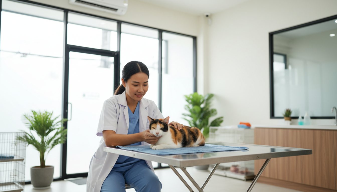 A veterinarian gently examining a cat in a bright clinic