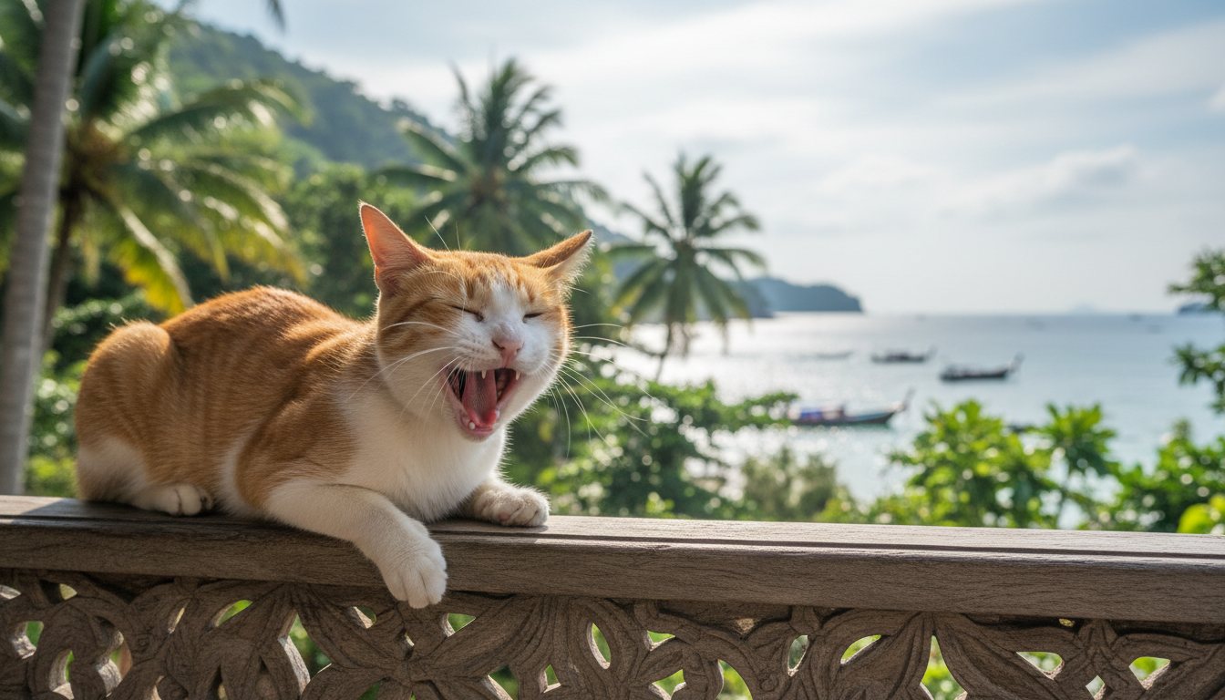 A domestic shorthair cat yawning showing clean white teeth
