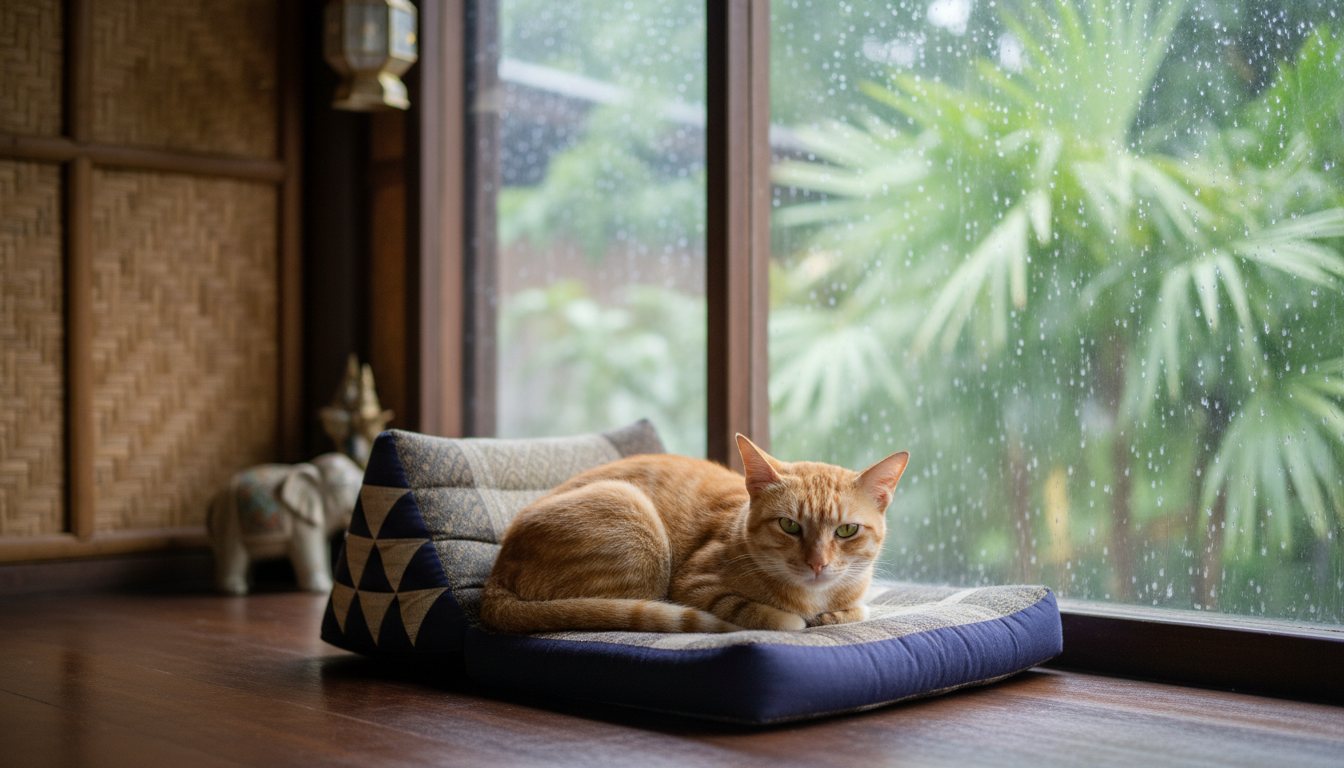 A calm cat resting comfortably on a cushion indoors during rain