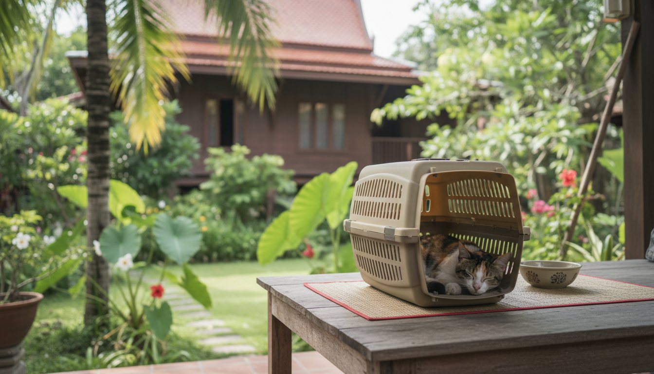 A cat resting comfortably inside an approved travel crate.