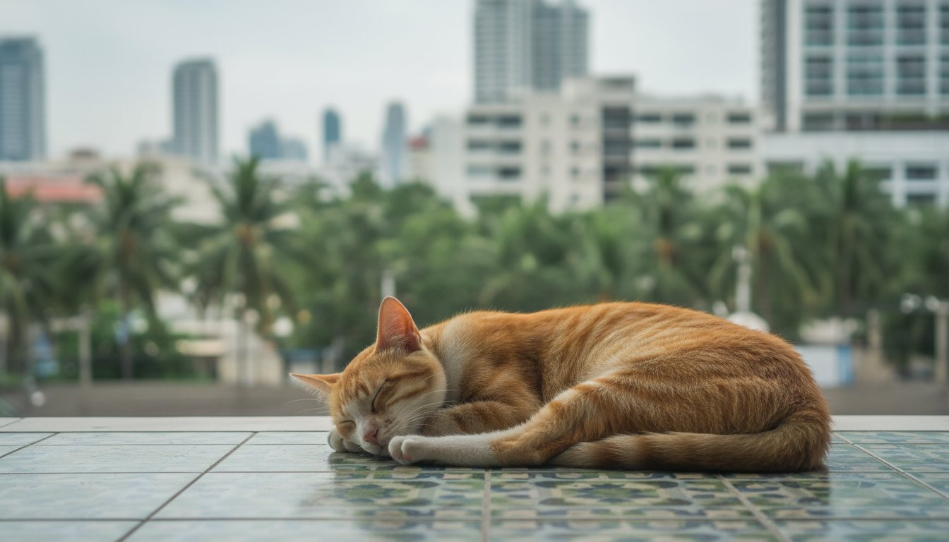 A foster cat resting on a cool tiled balcony in Bangkok