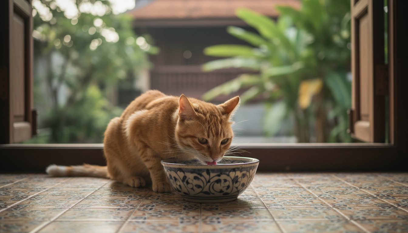 A cat drinking fresh water from a ceramic bowl on a tiled floor
