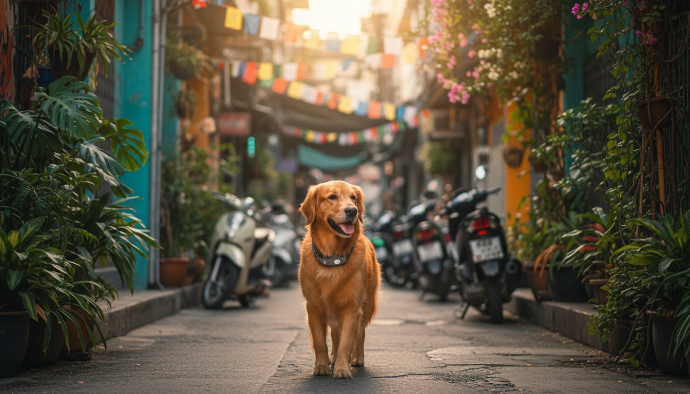 A golden retriever wearing a tracking collar in a Bangkok soi