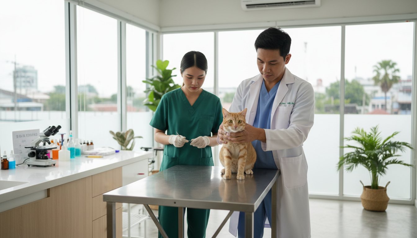 A veterinarian examining a cat in a bright Bangkok clinic