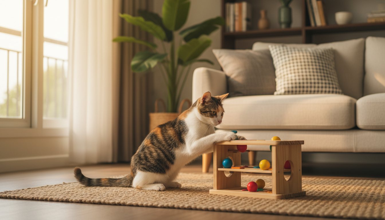 A domestic cat playing with an interactive puzzle toy inside a cozy apartment