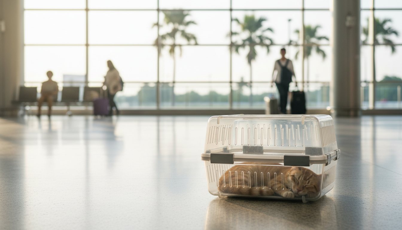 A calm cat resting inside a secure travel crate at the airport