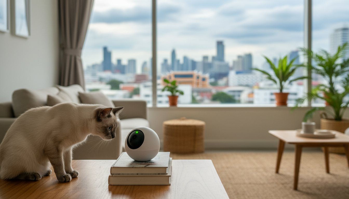 A cat watching a pet camera in a Bangkok condo