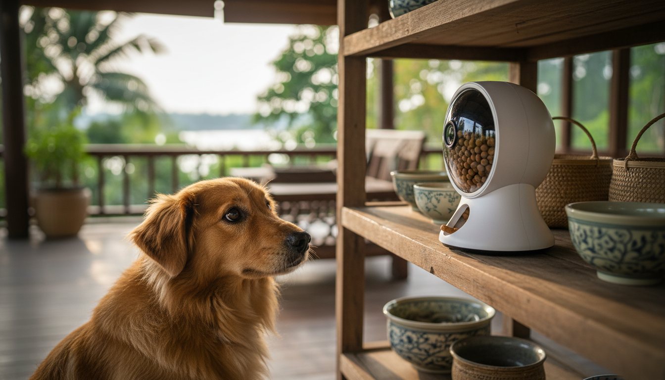 A dog looking at a treat-dispensing camera on a shelf