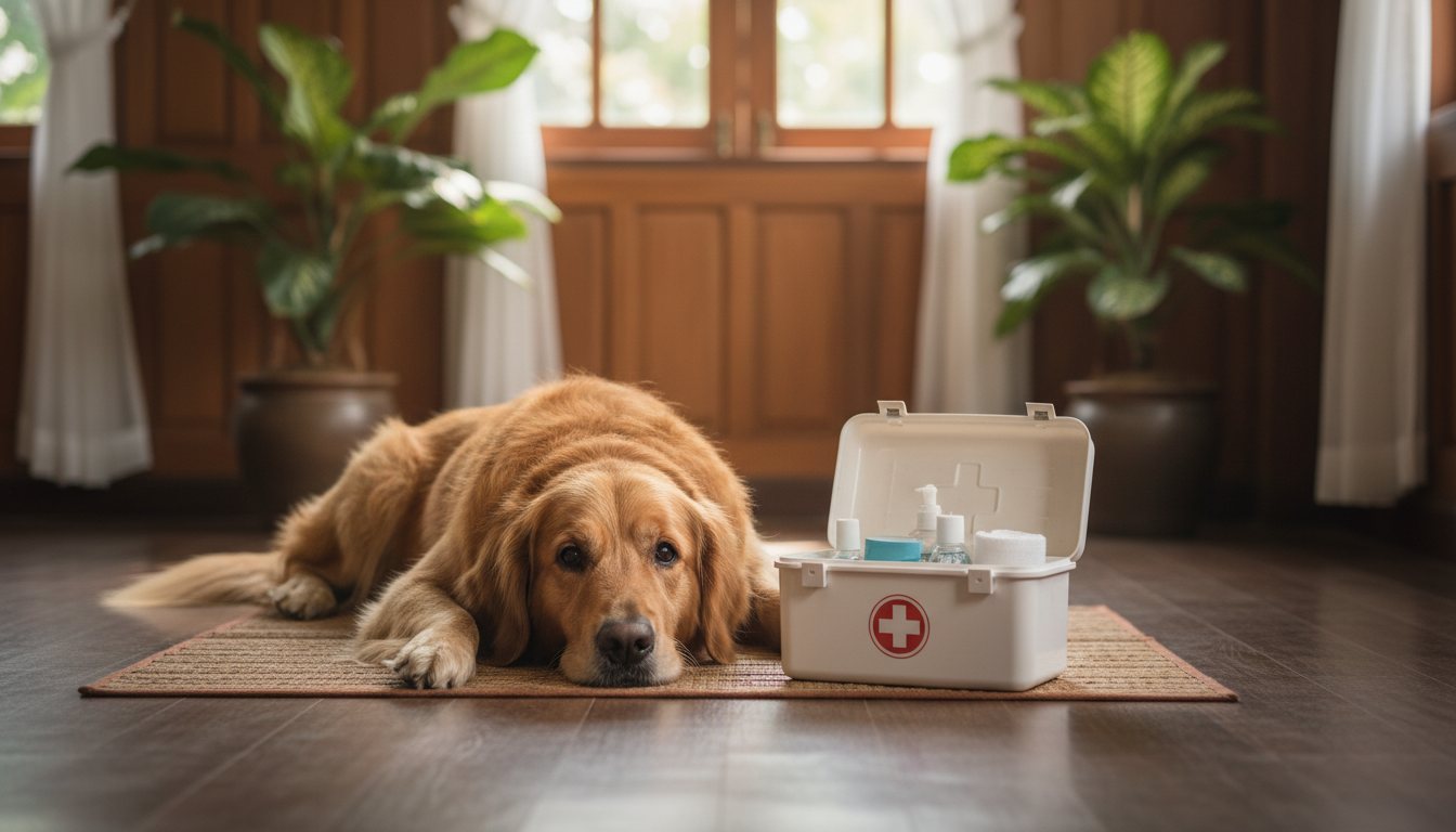 A dog resting beside a home first-aid kit in Bangkok