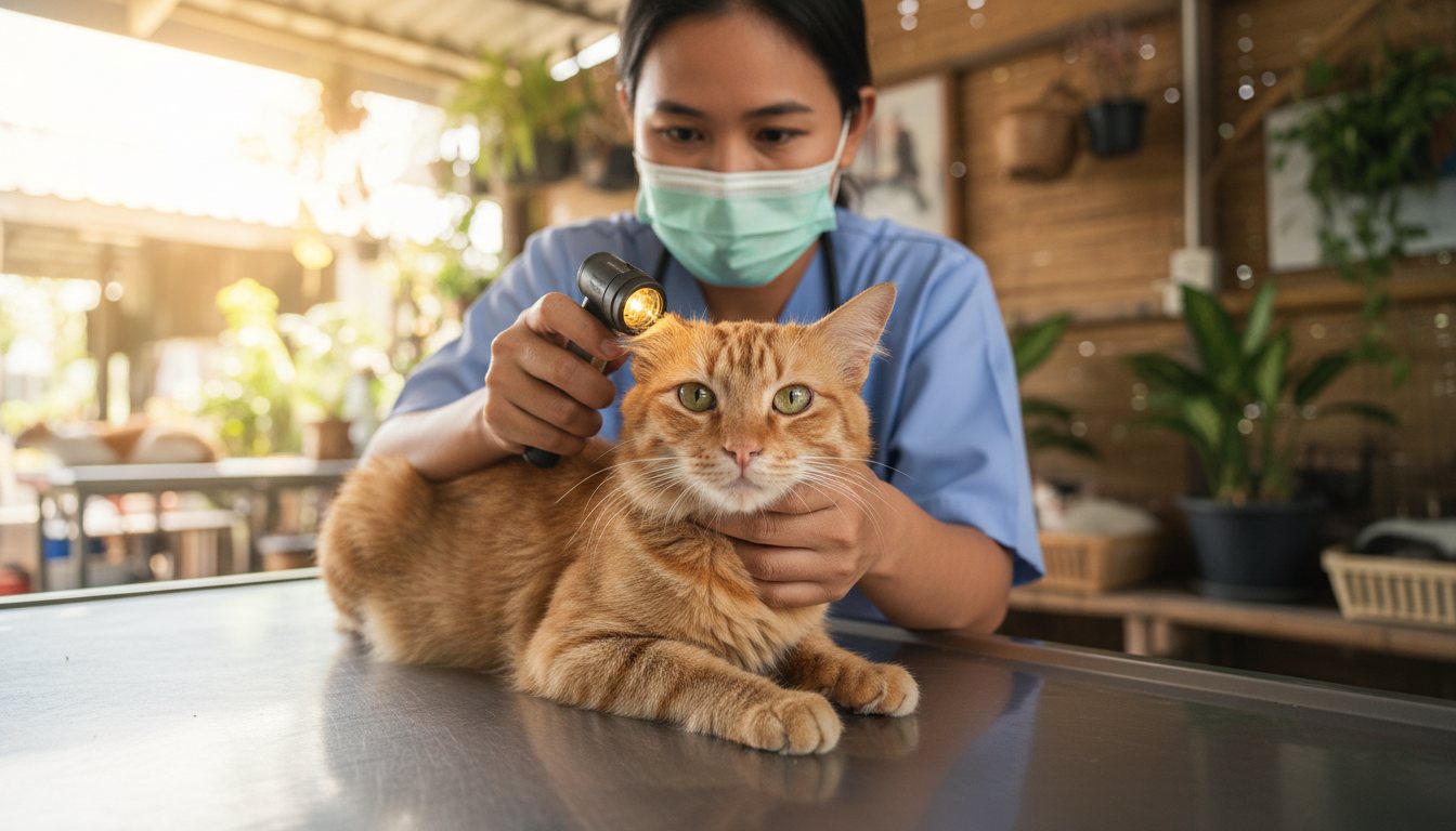 A cat being examined gently by a veterinarian in Thailand