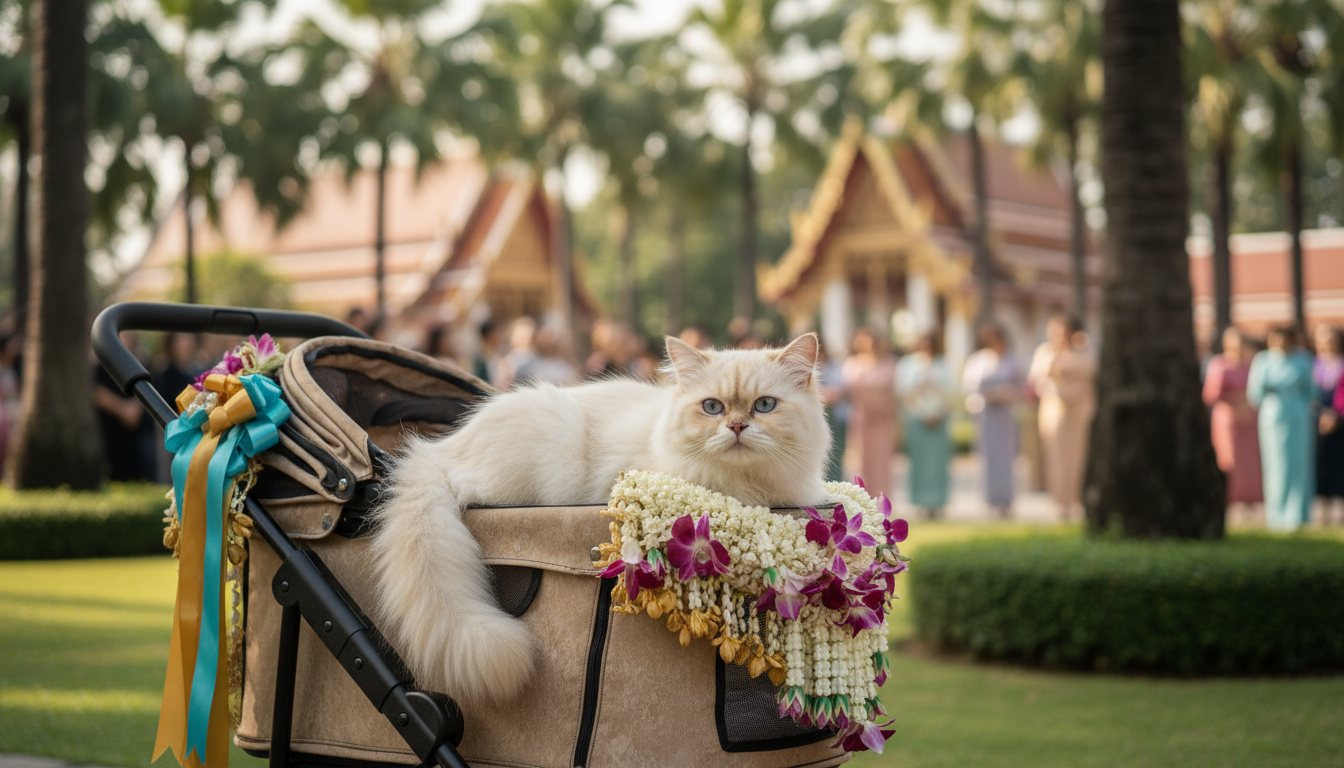 A fluffy Persian cat sitting in a decorated stroller at a show