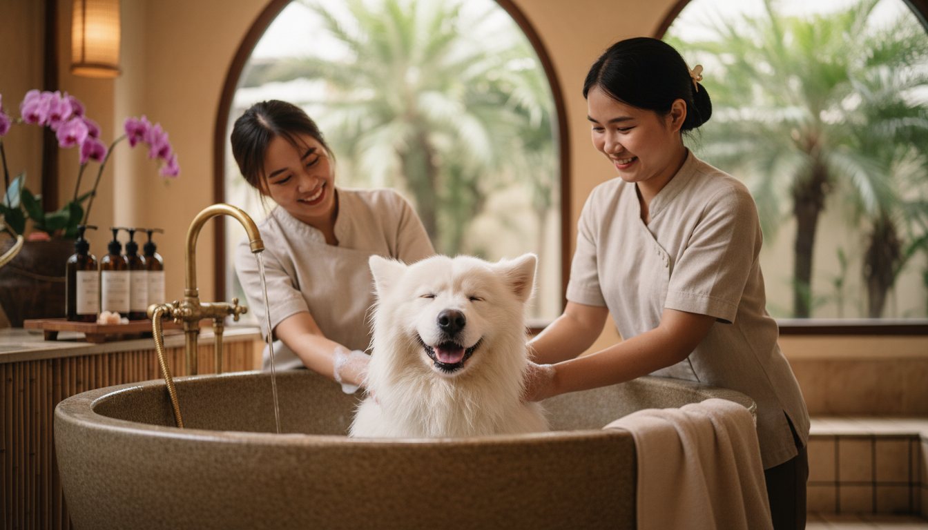 A fluffy dog enjoying a relaxing bath at a Bangkok pet spa