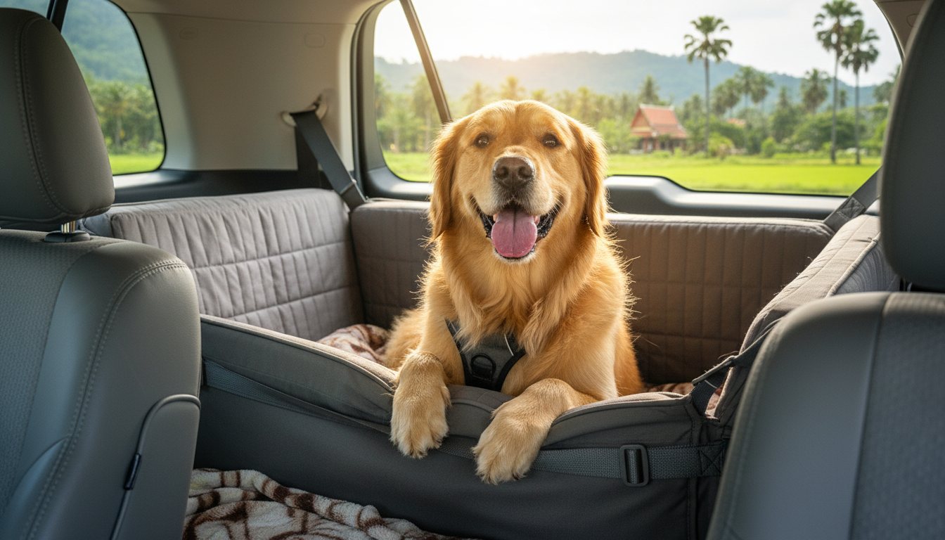 A happy dog sitting safely in a secured car seat