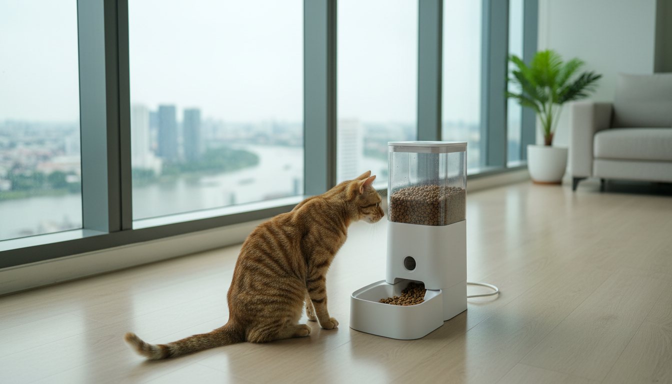 A cat waiting beside an automatic pet feeder in a Bangkok condo
