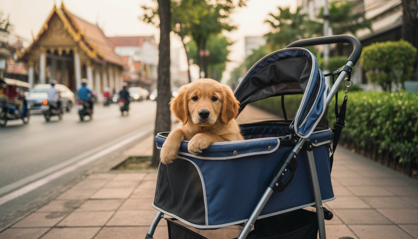 A young Golden Retriever puppy sitting in a dog stroller in Bangkok