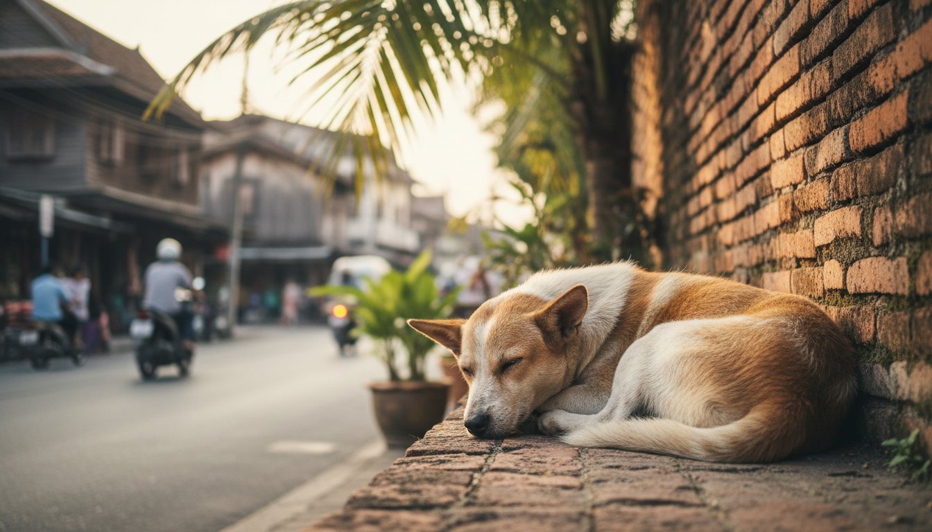 A sterilised street dog with a notched ear resting outdoors