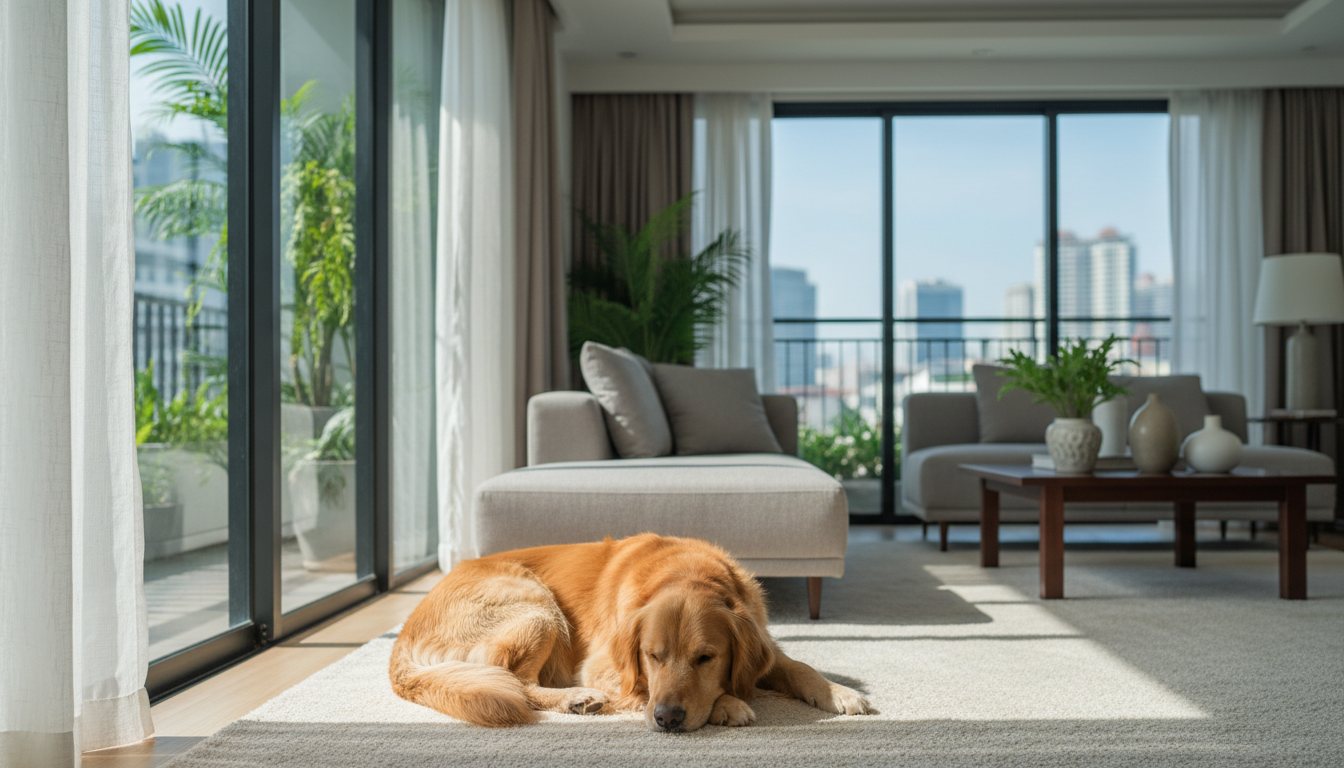 A golden retriever resting safely inside a cool Bangkok apartment.