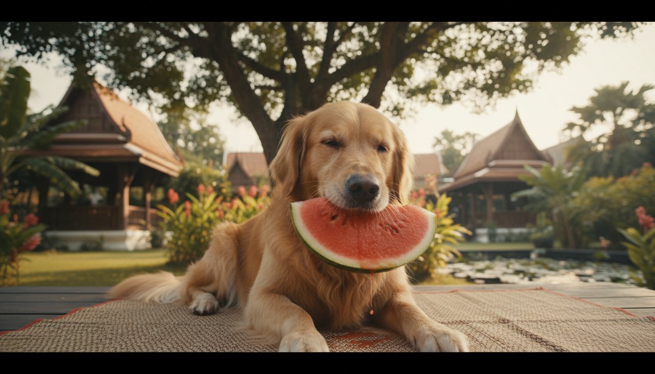 A golden retriever enjoying a piece of seedless watermelon in Bangkok