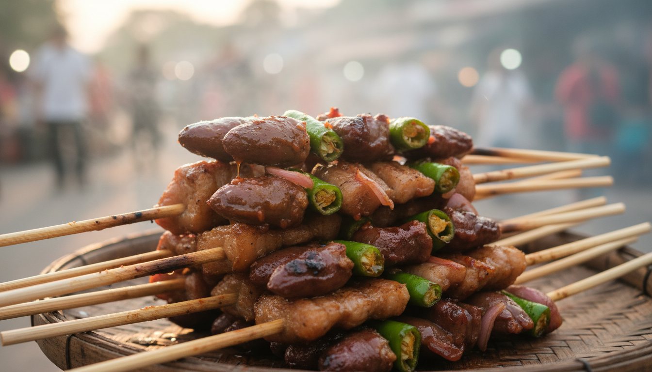 A close-up of dangerous grilled meat skewers on bamboo sticks