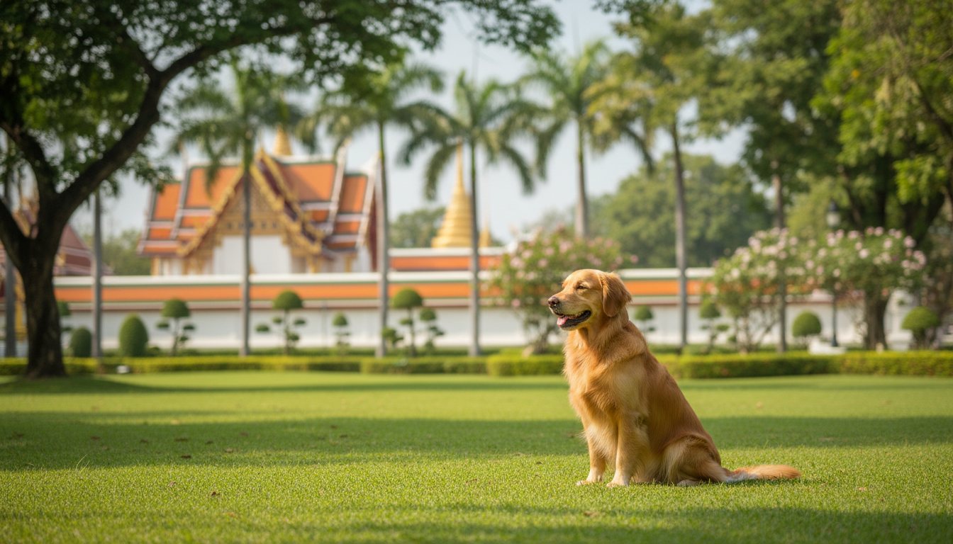 A golden retriever sitting in a lush green park in Bangkok