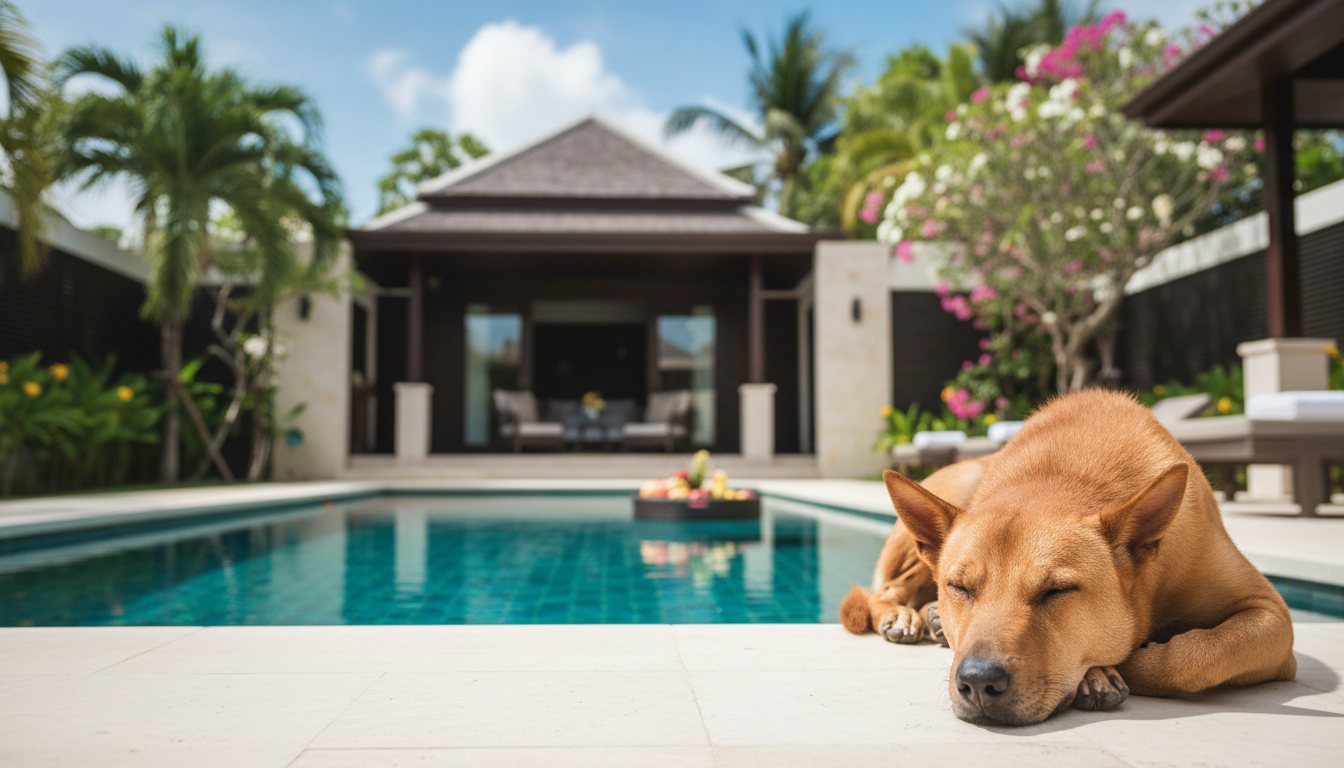 A dog resting beside a private villa swimming pool