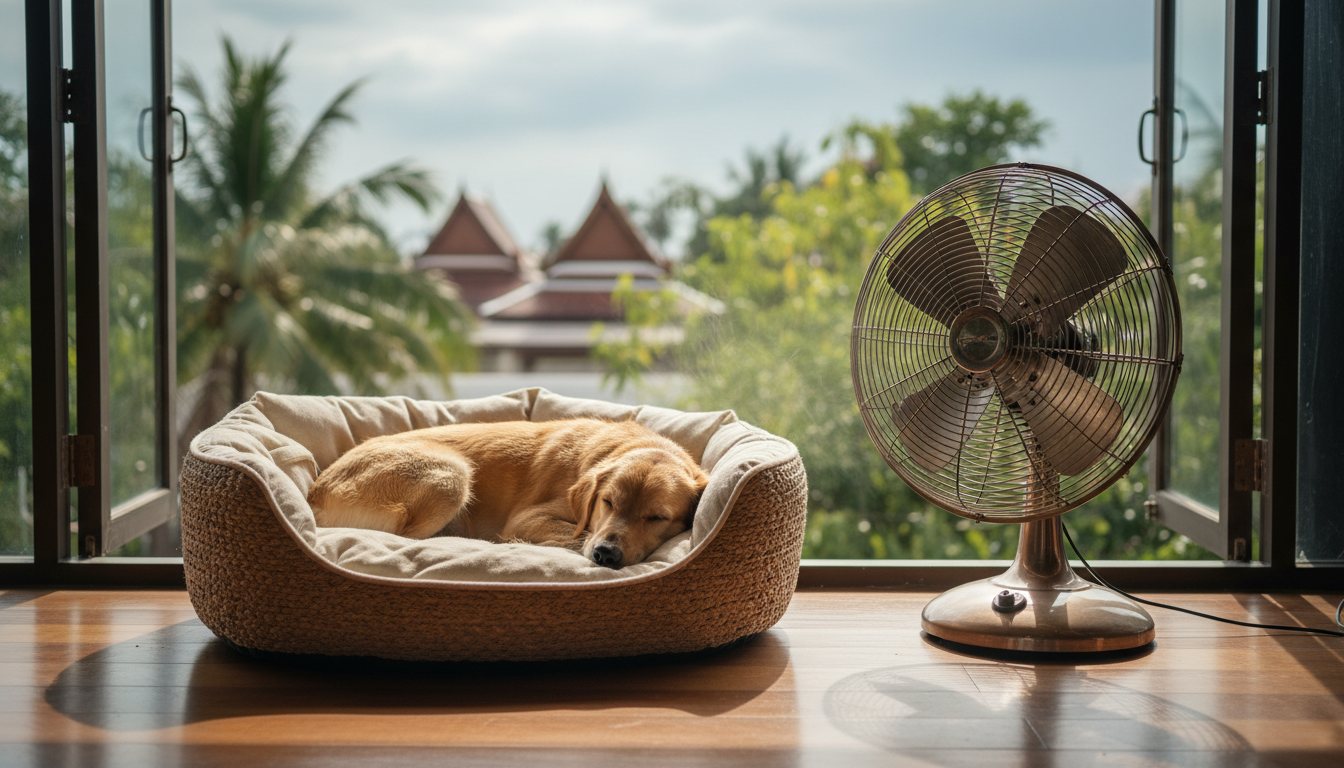 A cozy indoor dog bed next to a cooling fan