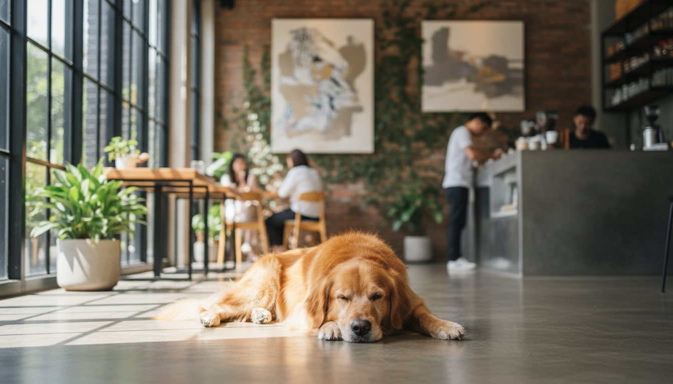 A golden retriever sitting calmly inside a modern Bangkok cafe