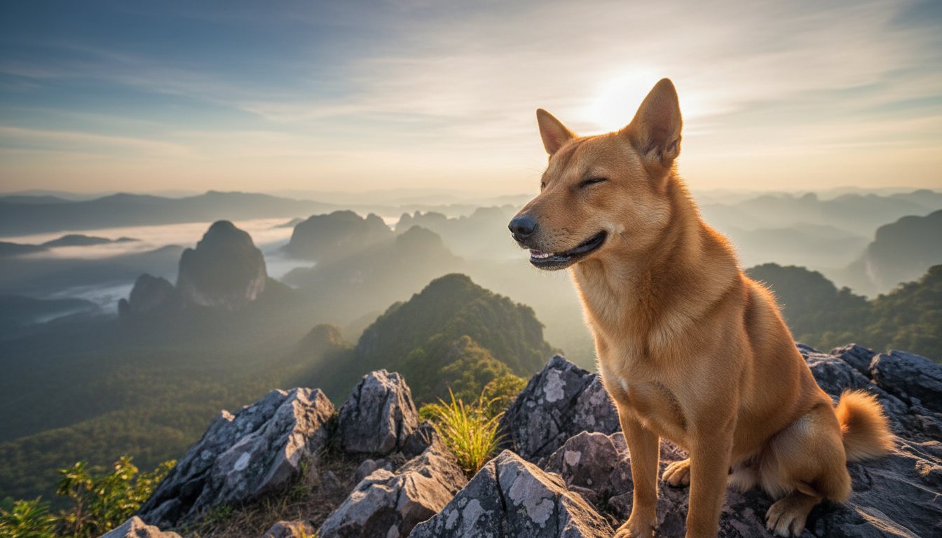 A dog enjoying the cool breeze on a mountain peak