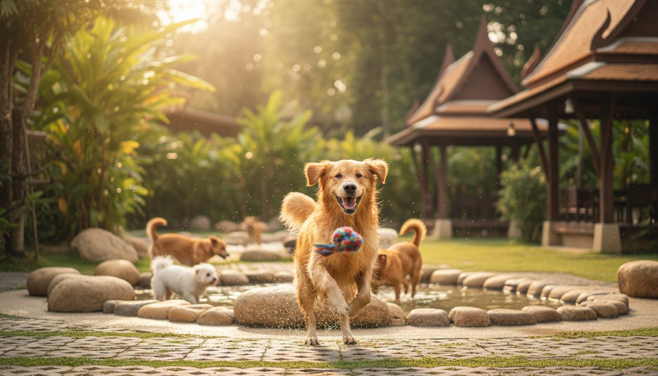 A golden retriever happily playing at a Bangkok pet daycare