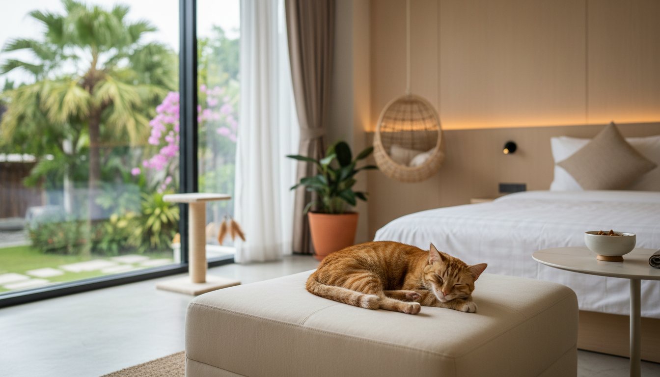 A cozy cat lounging in a modern feline-only hotel suite