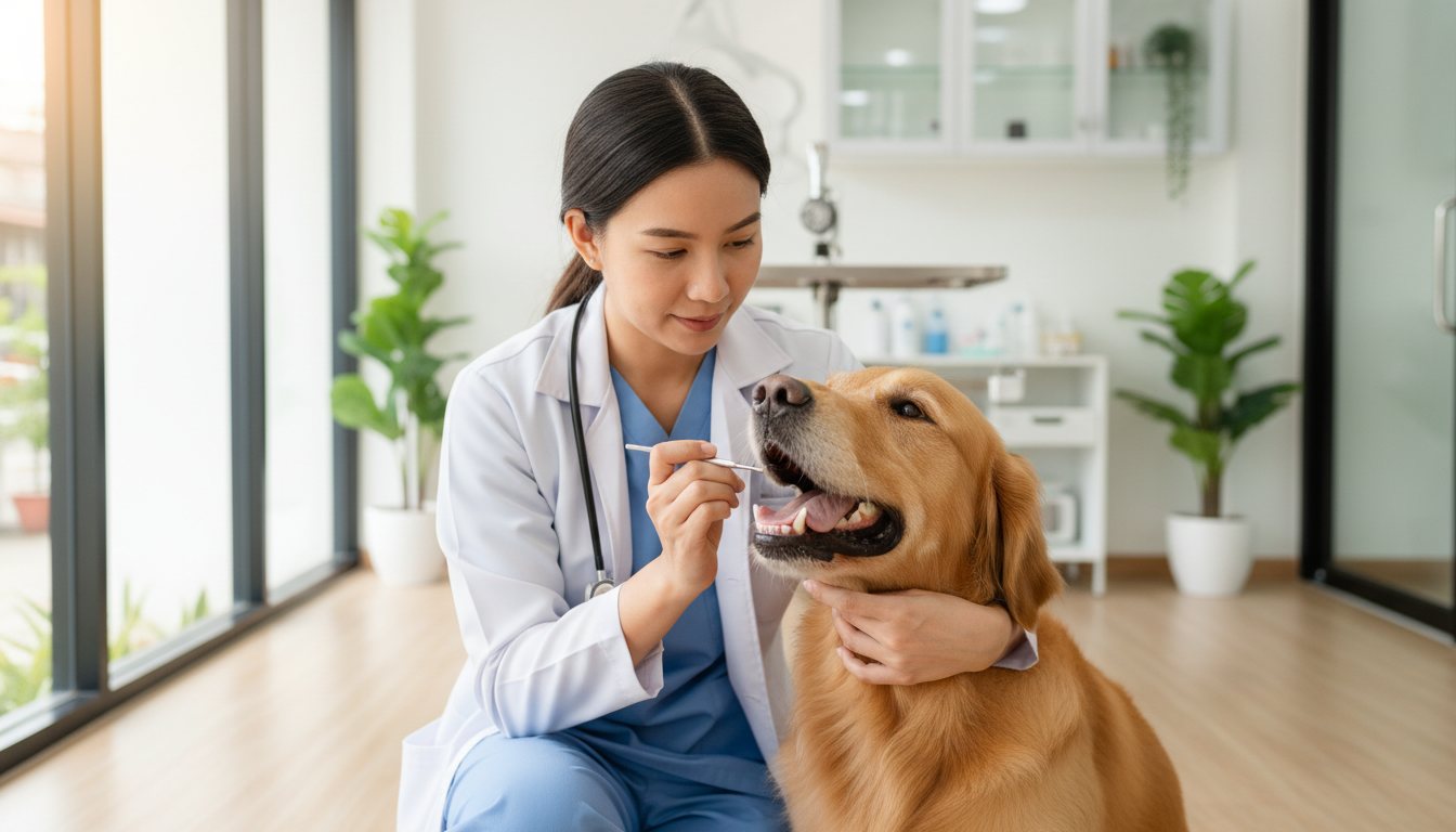 A veterinarian examining a golden retriever's teeth in a Bangkok clinic