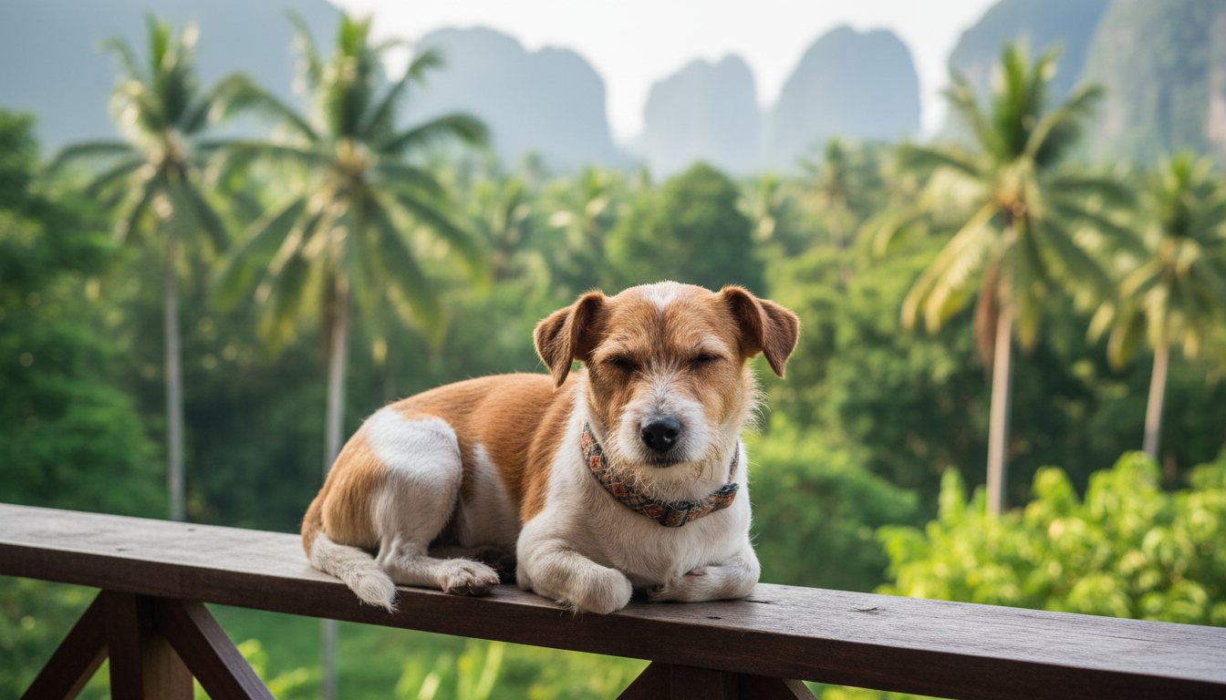 A small dog wearing a hand-woven collar resting on a balcony