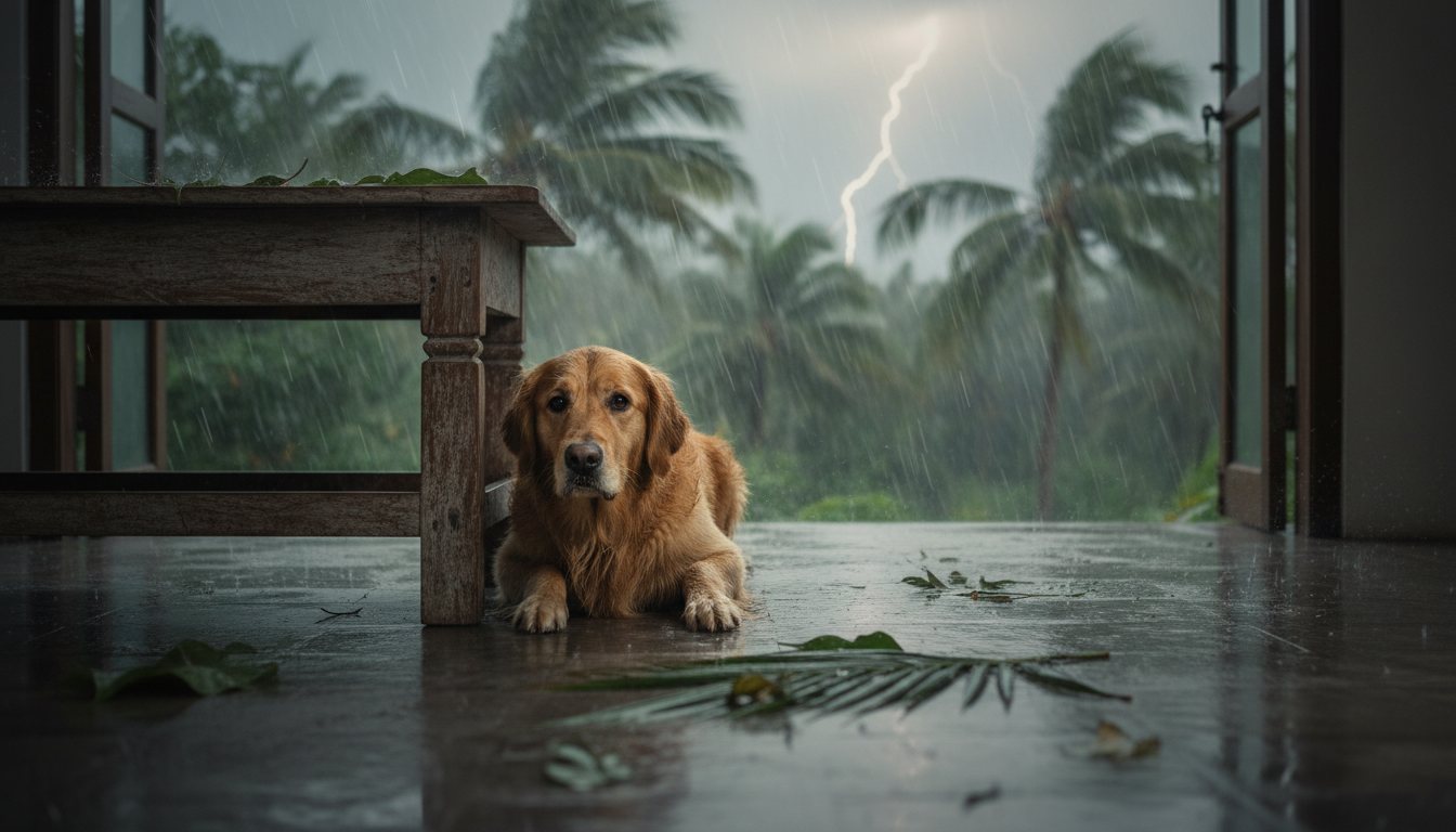 An anxious golden retriever hiding under a wooden table during a storm