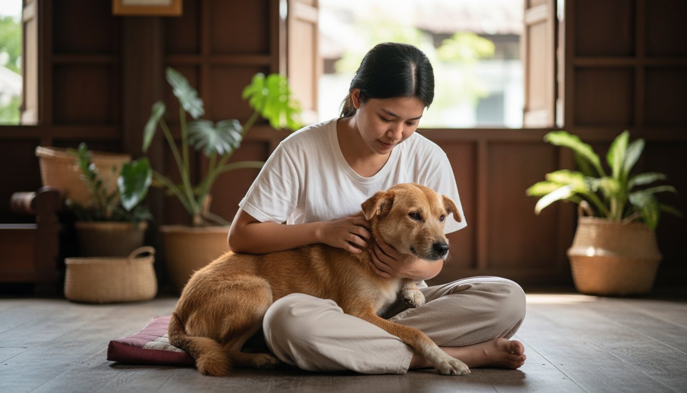 A volunteer comforting a rescued dog in a Bangkok home