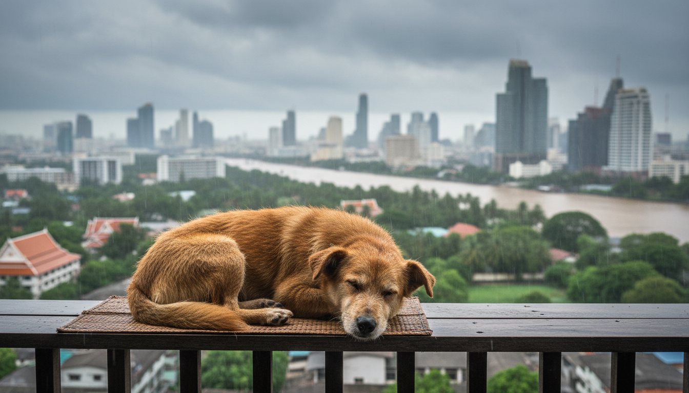 A dog resting on a balcony in Bangkok during the rainy season
