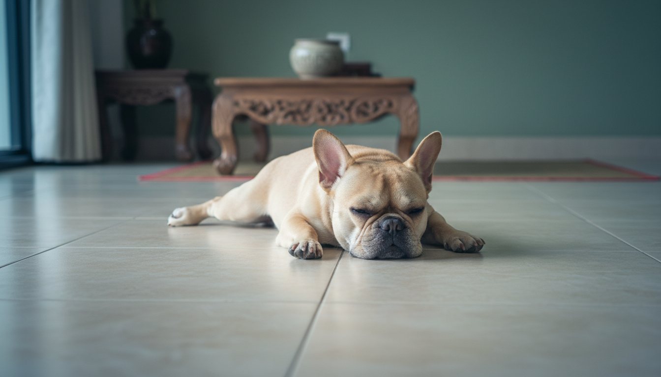 A French bulldog resting on a cool tiled floor indoors.