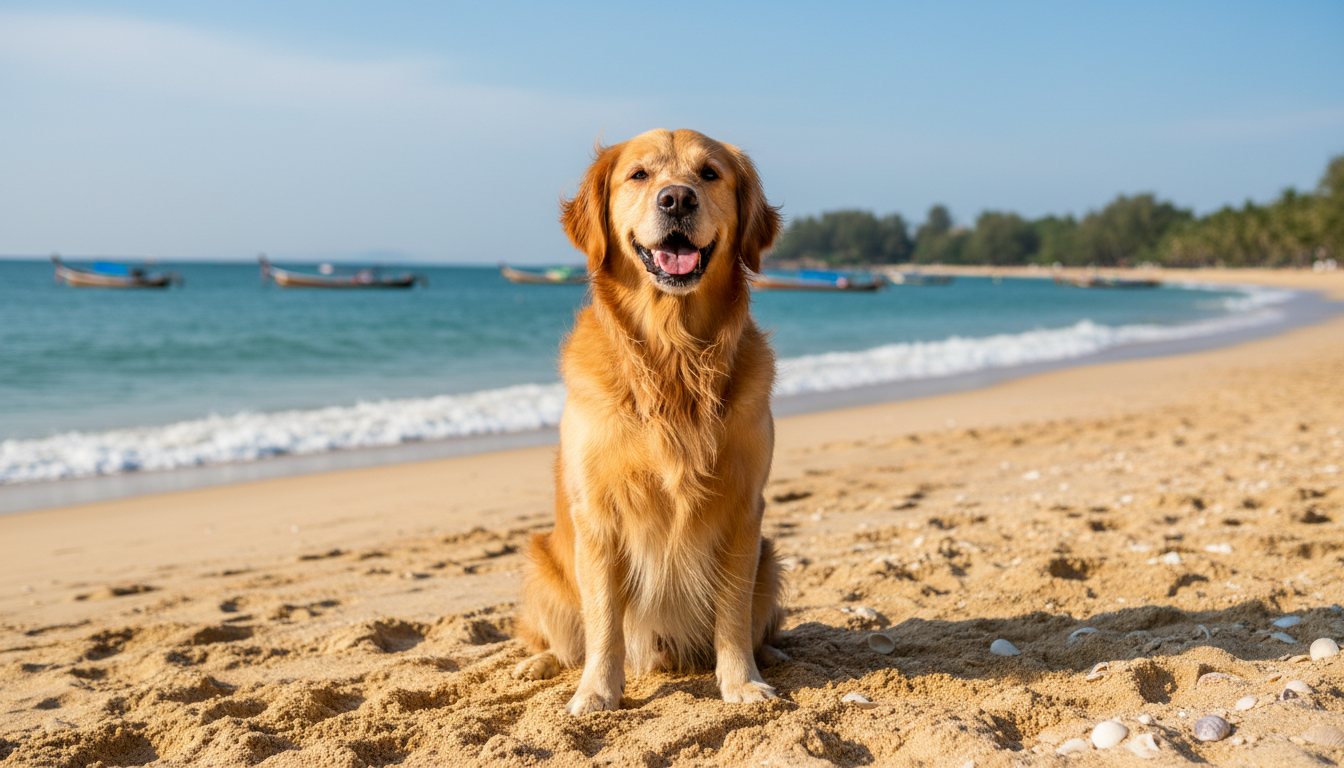 A happy golden retriever sitting on a sandy beach in Hua Hin.