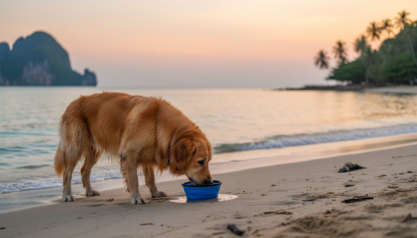 A dog drinking fresh water from a portable bowl on the beach.