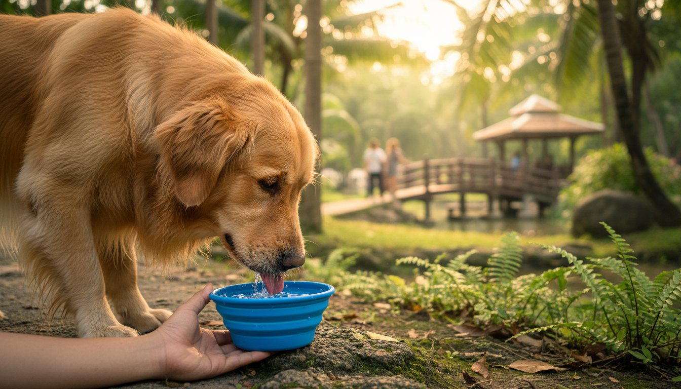 A golden retriever drinking water from a blue collapsible travel bowl