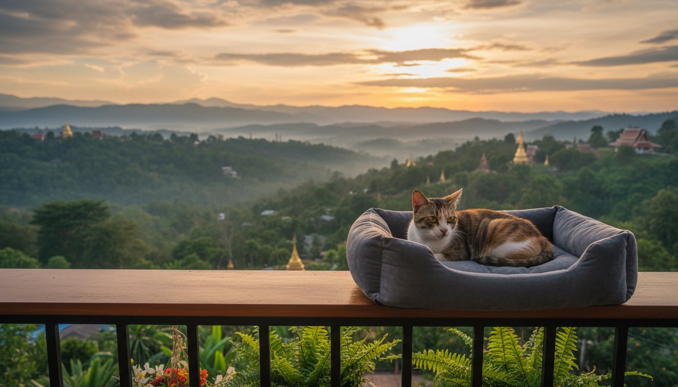 一只猫咪舒适地趴在高档宠物床上，眺望着清迈连绵的山峦