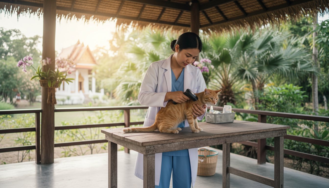 A veterinarian scanning a cat's shoulder area for a microchip