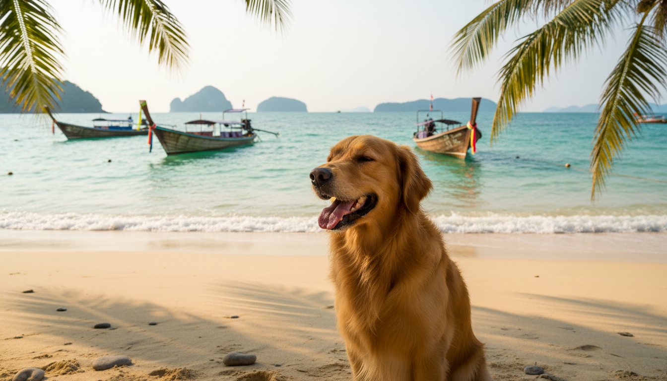 一只快乐的金毛寻回犬在泰国海滩上吹着海风