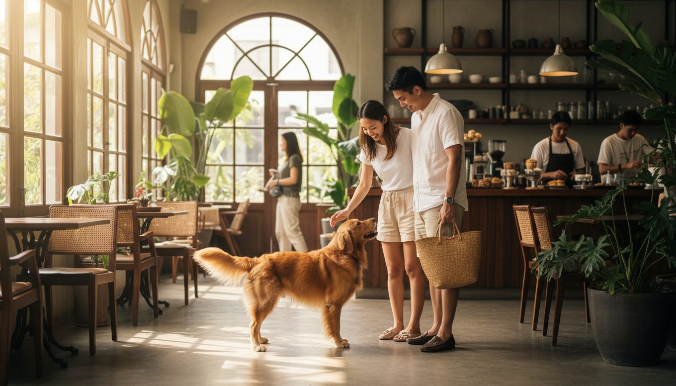 A golden retriever greets visitors inside a bright Bangkok cafe