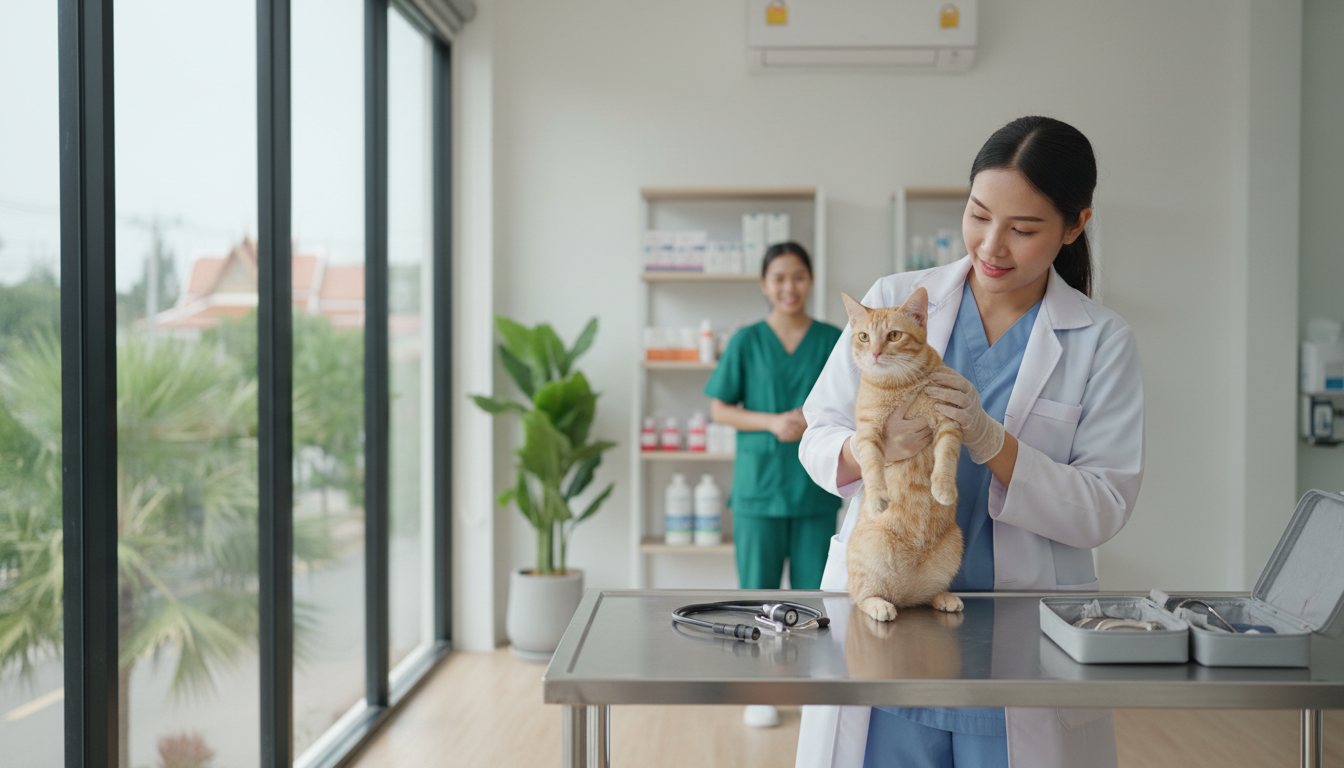 A veterinarian gently examining a domestic cat in a modern clinic