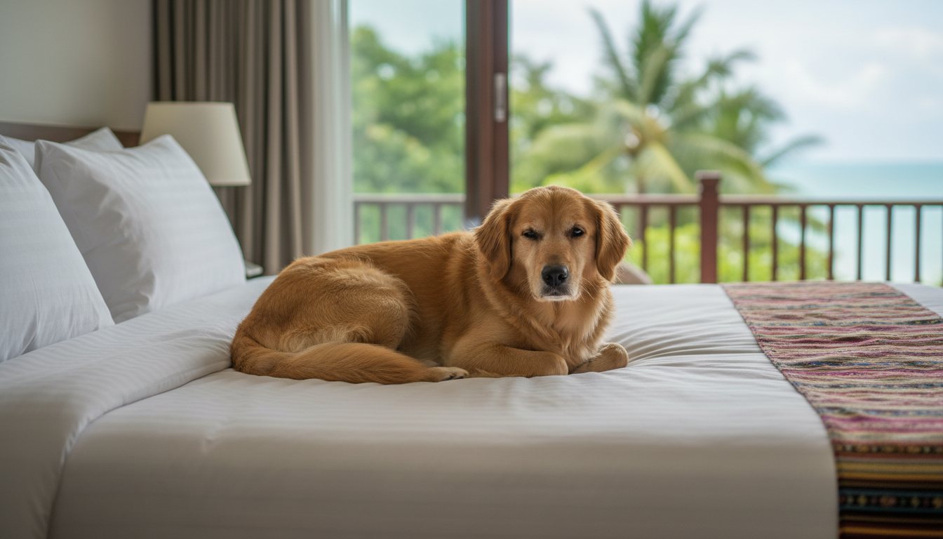 A dog relaxing on a pet-friendly hotel bed in Thailand