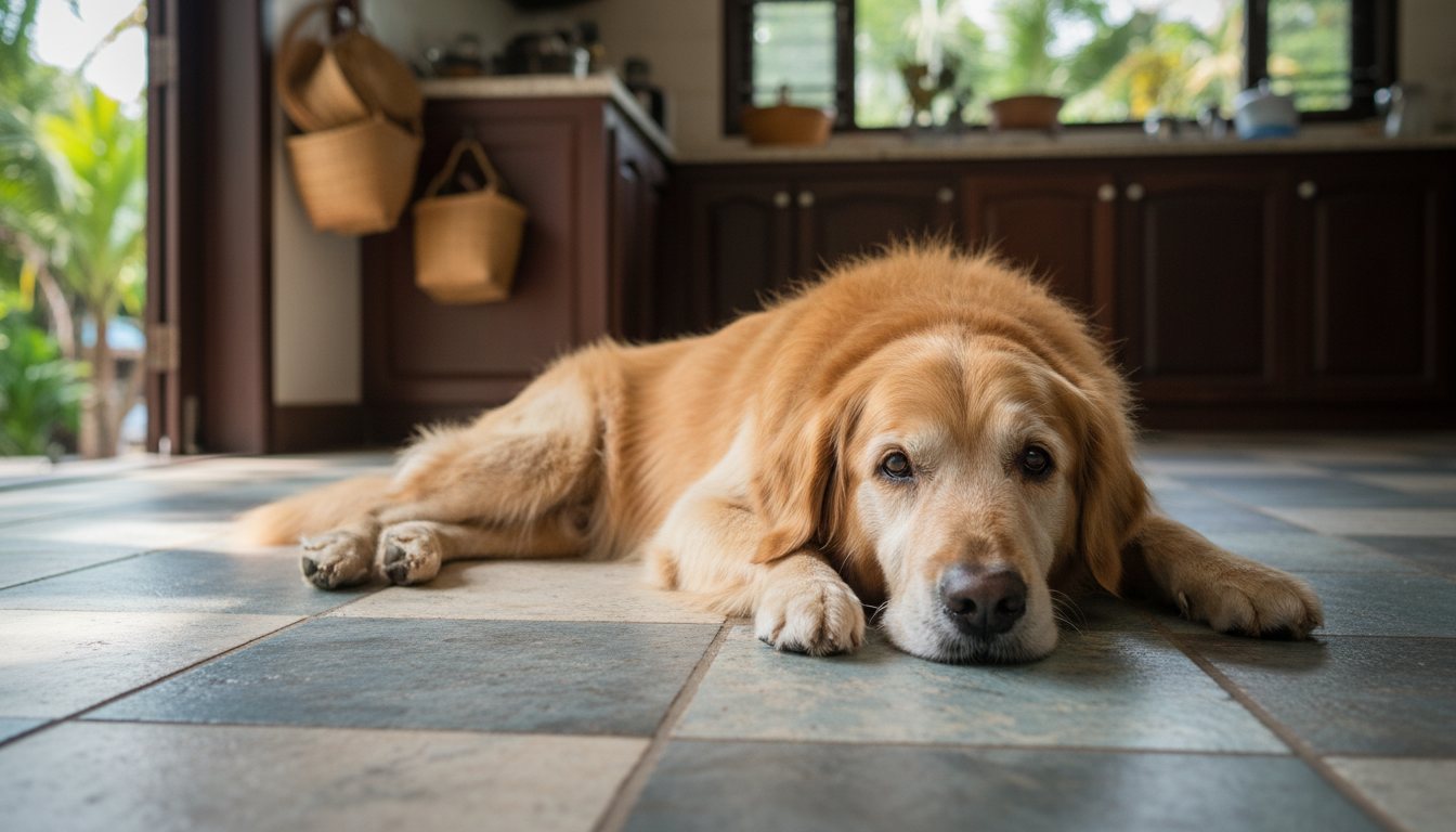 An older golden retriever resting on cool kitchen tiles.