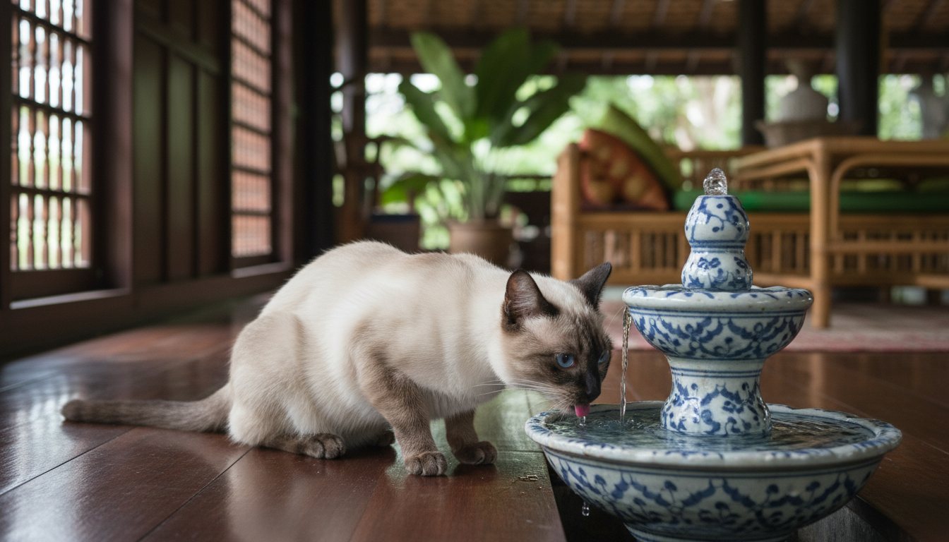 A senior Siamese cat drinking water from a ceramic fountain indoors.